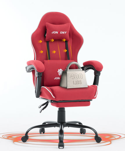 JONPONY Gaming Chair,400LBS Fabric Gamer Chair with footrest for Adults, High Back Ergonomic Computer Game Chair with Adjustable Headrest and Lumbar Support,Black