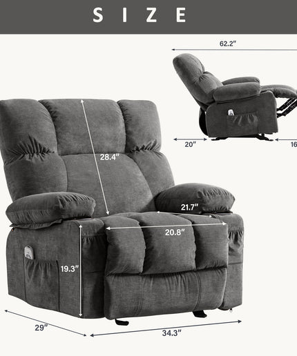 JONPONY Manual Recliner Chair with Heat Therapy and Massage Function, Heavy Duty Reclining Mechanism Massage Chair, Elderly Single Rocker Sofa with Cup Holders for Bedroom Home Theater,Grey