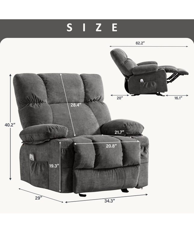 JONPONY Manual Recliner Chair with Heat Therapy and Massage Function, Heavy Duty Reclining Mechanism Massage Chair, Elderly Single Rocker Sofa with Cup Holders for Bedroom Home Theater,Grey