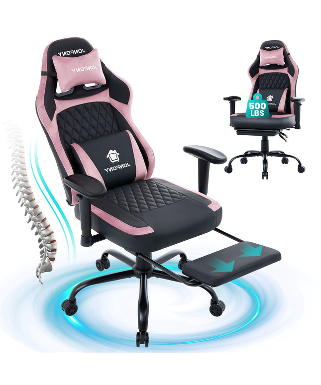 JONPONY Big and Tall 500LBS Ergonomic Gaming Chair, High Back Office Chair with Wide Wingless Seat and Thick Cushion, Comfortable Leather Computer Chair Support Long Sitting,2D Armrests