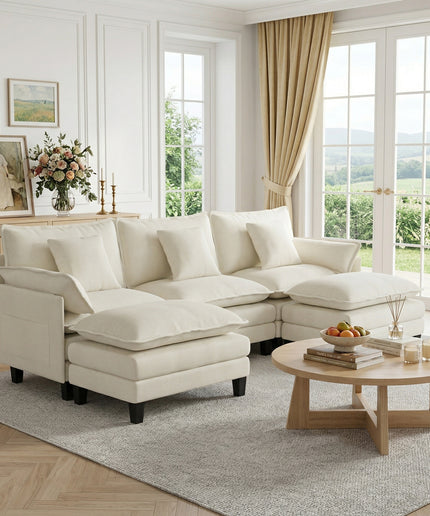 Jonpony Modular Sectional Sofa, Comfy Cloud Couch with Movable Ottoman, Deep Seat Couches for Living Room, Bedroom and Apartment, 106" U Shaped Modern Sofa with Pillows, Beige