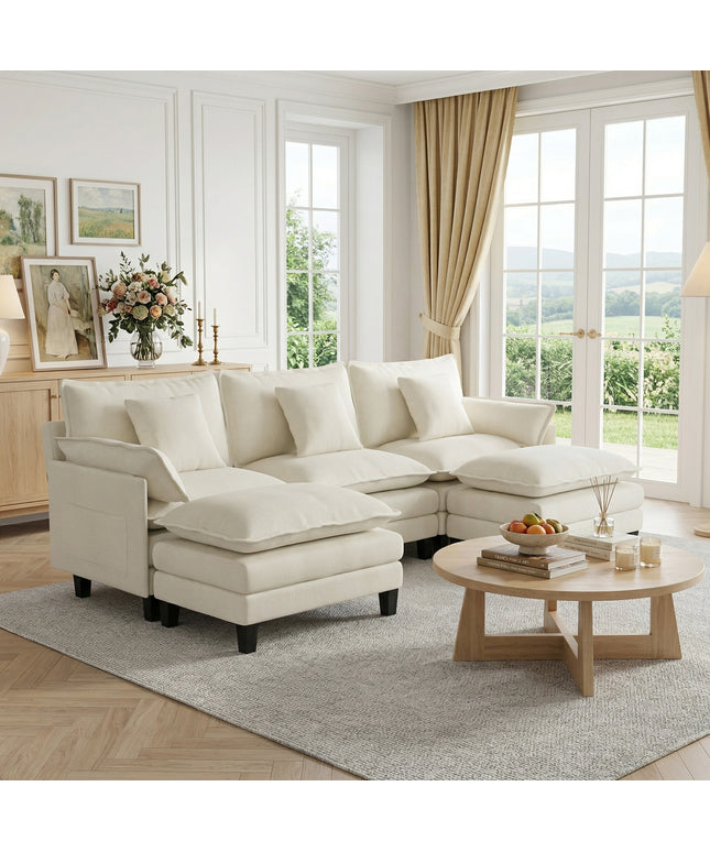 Jonpony Modular Sectional Sofa, Comfy Cloud Couch with Movable Ottoman, Deep Seat Couches for Living Room, Bedroom and Apartment, 106" U Shaped Modern Sofa with Pillows, Beige