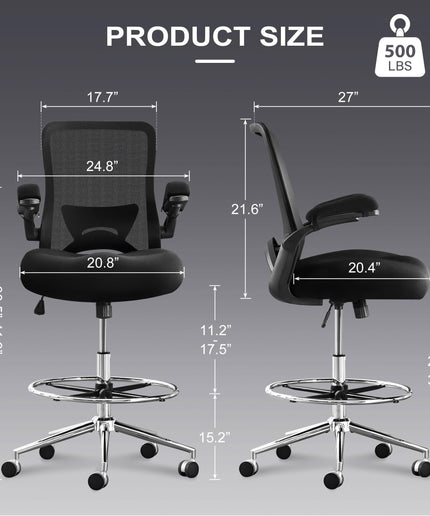 JONPONY 500lbs Tall Drafting Chair for Standing Desk with Flip-up Armrests, Pressure Locking Casters, W-Shape Thicken Cushion, Breathable Mesh Extended Height Office Chairs,Black