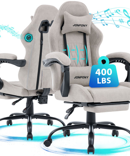 JONPONY Gaming Chair,Gamer Chair with Bluetooth and Adjustable Backrest,Seat Height Adjustable Computer Chairs with 2D Armrests,Office Chair with Footrest Speakers，LIGHT GREY
