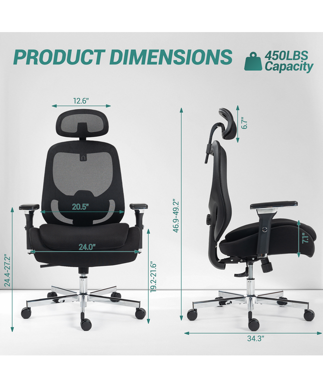 JONPONY 750 LBS Big and Tall Office Chair, Heavy Duty Executive Chair w/4D Arms, Ergonomic Computer Home Desk Chair, Swivel Mesh Chair w/2D Lumbar Support, Adjustable Headrest, Tilt Lock-Black