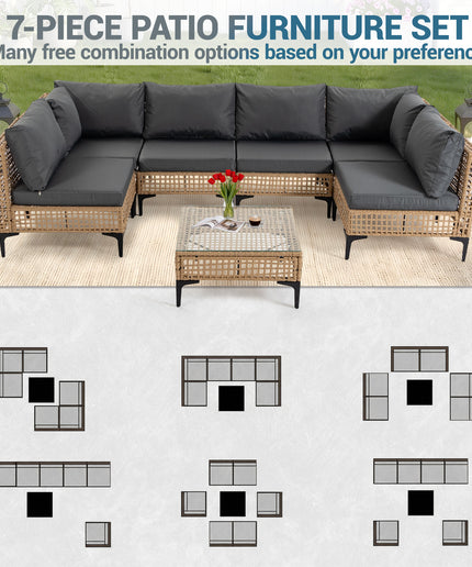 Jonpony 7-Piece Patio Furniture Set, Wicker Outdoor Conversation Set Sectional Sofa with Water Resistant Thick Cushions and Coffee Table