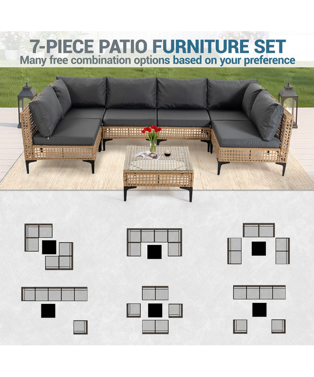 Jonpony 7-Piece Patio Furniture Set, Wicker Outdoor Conversation Set Sectional Sofa with Water Resistant Thick Cushions and Coffee Table