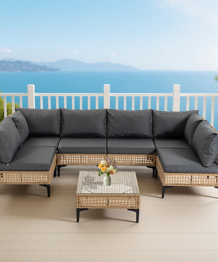 Jonpony 7-Piece Patio Furniture Set, Wicker Outdoor Conversation Set Sectional Sofa with Water Resistant Thick Cushions and Coffee Table