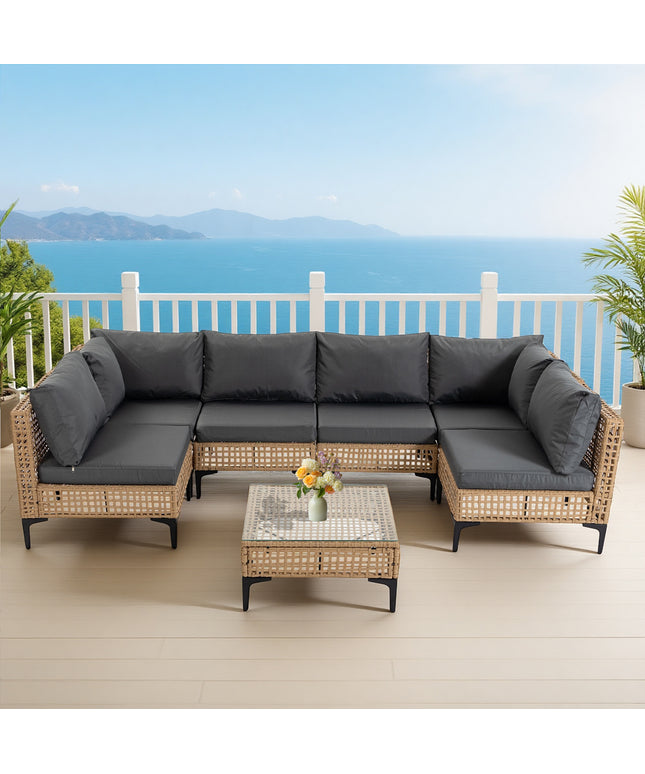 Jonpony 7-Piece Patio Furniture Set, Wicker Outdoor Conversation Set Sectional Sofa with Water Resistant Thick Cushions and Coffee Table