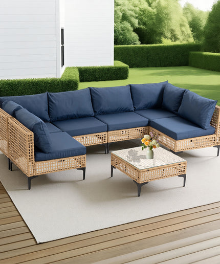 Jonpony 7-Piece Patio Furniture Set, Wicker Outdoor Conversation Set Sectional Sofa with Water Resistant Thick Cushions and Coffee Table