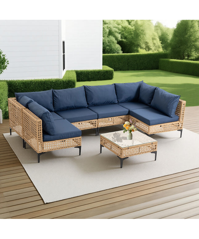 Jonpony 7-Piece Patio Furniture Set, Wicker Outdoor Conversation Set Sectional Sofa with Water Resistant Thick Cushions and Coffee Table