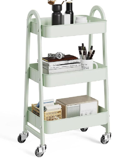 JONPONY Metal 3 Tiers Utility Rolling Cart with Lockable Caster Wheels, Mobile Storage Shelf, Organization for Livingroom, Bathroom & Narrow Places
