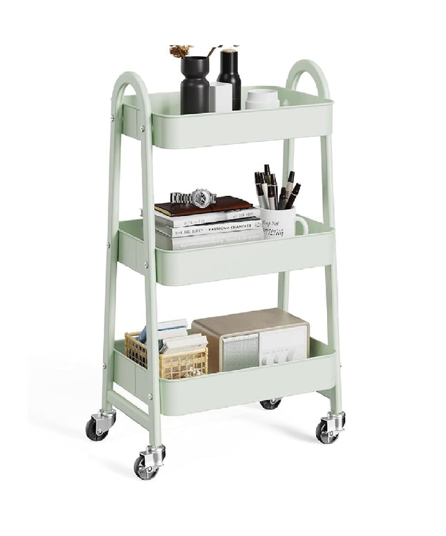 JONPONY Metal 3 Tiers Utility Rolling Cart with Lockable Caster Wheels, Mobile Storage Shelf, Organization for Livingroom, Bathroom & Narrow Places