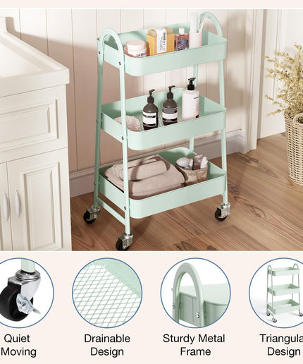 JONPONY Metal 3 Tiers Utility Rolling Cart with Lockable Caster Wheels, Mobile Storage Shelf, Organization for Livingroom, Bathroom & Narrow Places