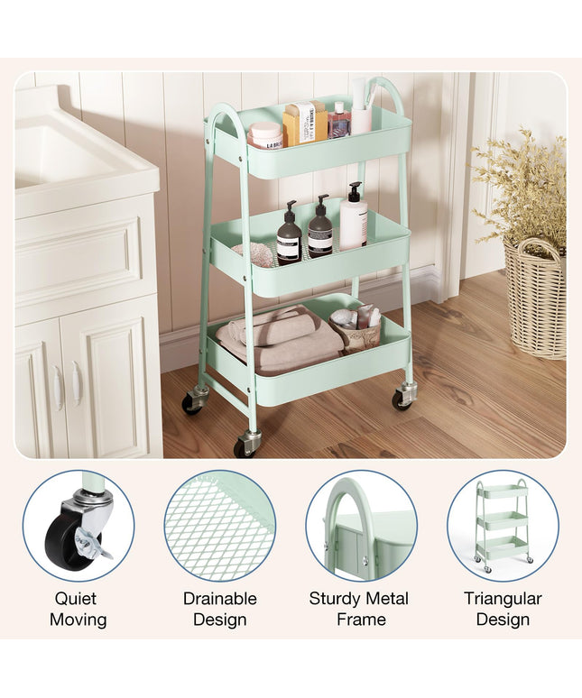JONPONY Metal 3 Tiers Utility Rolling Cart with Lockable Caster Wheels, Mobile Storage Shelf, Organization for Livingroom, Bathroom & Narrow Places