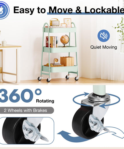 JONPONY Metal 3 Tiers Utility Rolling Cart with Lockable Caster Wheels, Mobile Storage Shelf, Organization for Livingroom, Bathroom & Narrow Places