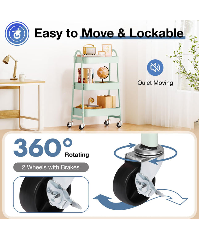 JONPONY Metal 3 Tiers Utility Rolling Cart with Lockable Caster Wheels, Mobile Storage Shelf, Organization for Livingroom, Bathroom & Narrow Places