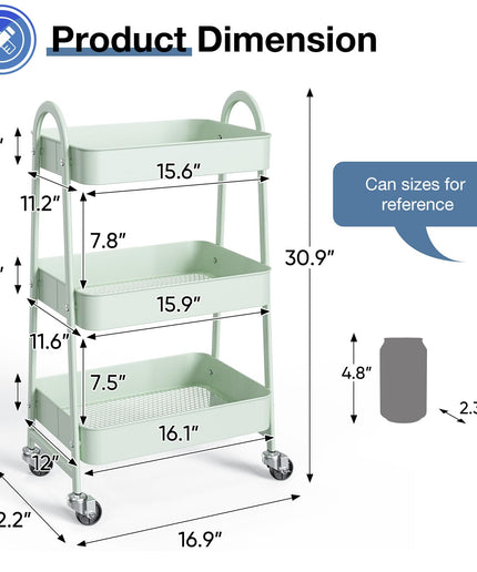 JONPONY Metal 3 Tiers Utility Rolling Cart with Lockable Caster Wheels, Mobile Storage Shelf, Organization for Livingroom, Bathroom & Narrow Places