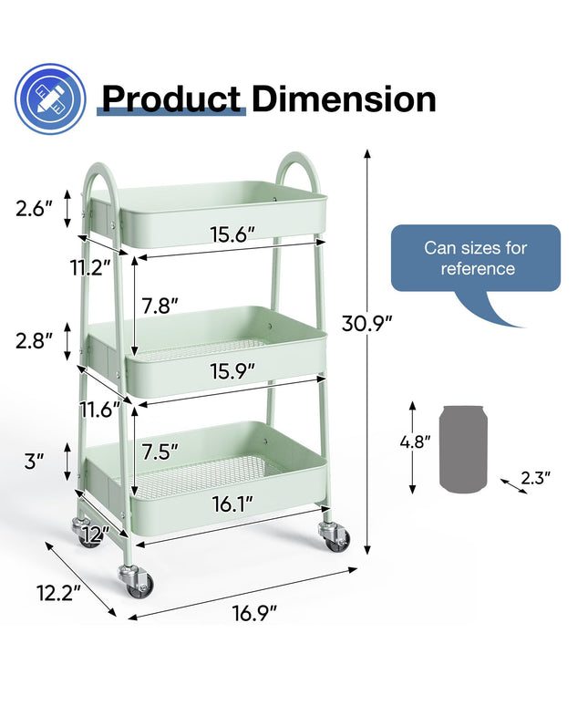JONPONY Metal 3 Tiers Utility Rolling Cart with Lockable Caster Wheels, Mobile Storage Shelf, Organization for Livingroom, Bathroom & Narrow Places