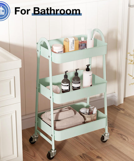 JONPONY Metal 3 Tiers Utility Rolling Cart with Lockable Caster Wheels, Mobile Storage Shelf, Organization for Livingroom, Bathroom & Narrow Places
