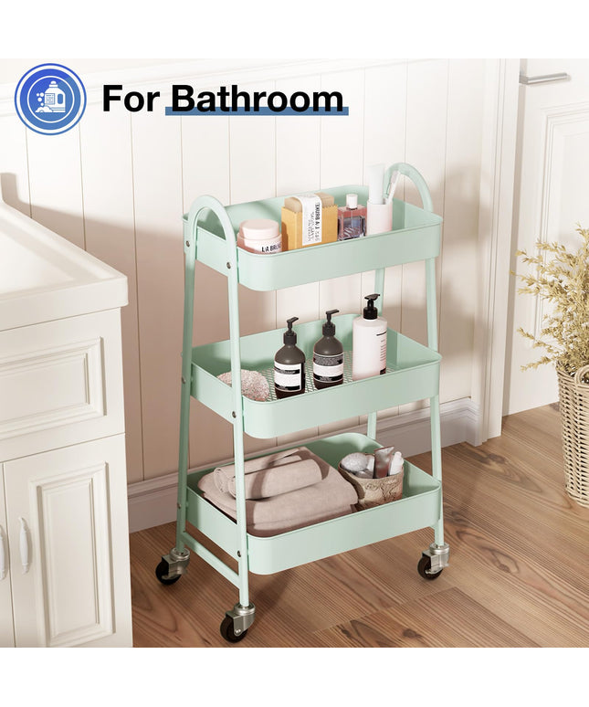 JONPONY Metal 3 Tiers Utility Rolling Cart with Lockable Caster Wheels, Mobile Storage Shelf, Organization for Livingroom, Bathroom & Narrow Places
