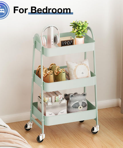 JONPONY Metal 3 Tiers Utility Rolling Cart with Lockable Caster Wheels, Mobile Storage Shelf, Organization for Livingroom, Bathroom & Narrow Places