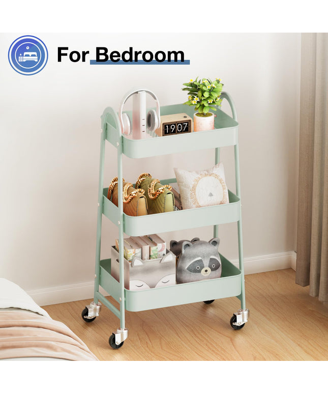 JONPONY Metal 3 Tiers Utility Rolling Cart with Lockable Caster Wheels, Mobile Storage Shelf, Organization for Livingroom, Bathroom & Narrow Places