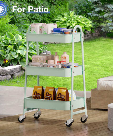 JONPONY Metal 3 Tiers Utility Rolling Cart with Lockable Caster Wheels, Mobile Storage Shelf, Organization for Livingroom, Bathroom & Narrow Places