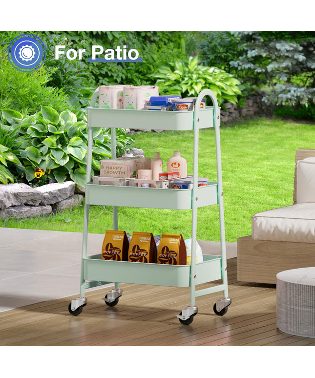 JONPONY Metal 3 Tiers Utility Rolling Cart with Lockable Caster Wheels, Mobile Storage Shelf, Organization for Livingroom, Bathroom & Narrow Places