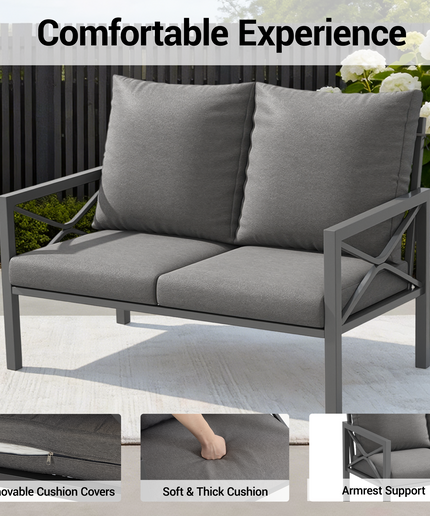 Jonpony 2-Piece All-Weather Metal Patio Furniture Set, Cushioned Loveseat 2 Seats Sofa Bench w/Coffee Table, Heavy Duty Steel Frame & Washable Cushions for Backyard Garden (Grey)