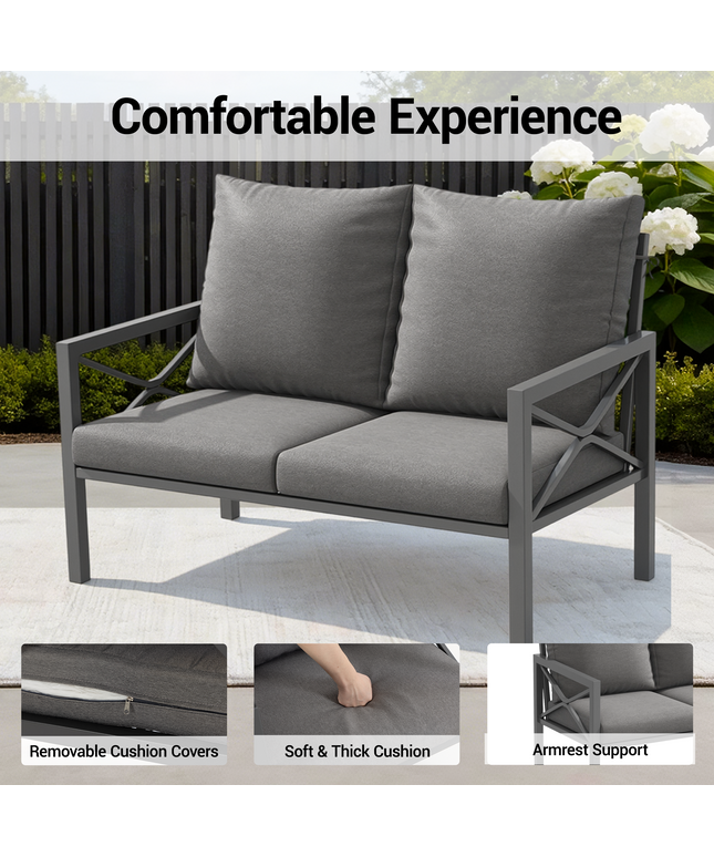 Jonpony 2-Piece All-Weather Metal Patio Furniture Set, Cushioned Loveseat 2 Seats Sofa Bench w/Coffee Table, Heavy Duty Steel Frame & Washable Cushions for Backyard Garden (Grey)