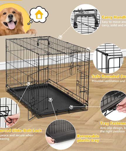 JONPONY Dog Crate, 36 Inch Medium Double Door Dog Cage with Plastic Leak-Proof Pan Tray, Folding Metal Wire Pet Kennel for Indoor, Outdoor, Travel, Black