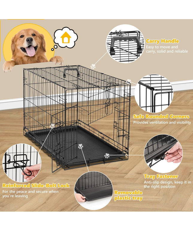 JONPONY Dog Crate, 36 Inch Medium Double Door Dog Cage with Plastic Leak-Proof Pan Tray, Folding Metal Wire Pet Kennel for Indoor, Outdoor, Travel, Black