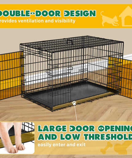 JONPONY Dog Crate, 36 Inch Medium Double Door Dog Cage with Plastic Leak-Proof Pan Tray, Folding Metal Wire Pet Kennel for Indoor, Outdoor, Travel, Black