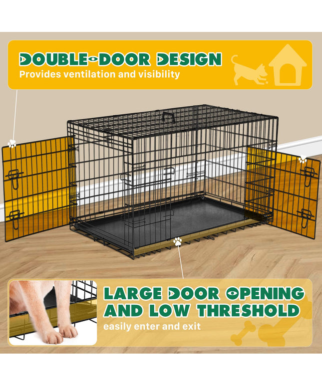 JONPONY Dog Crate, 36 Inch Medium Double Door Dog Cage with Plastic Leak-Proof Pan Tray, Folding Metal Wire Pet Kennel for Indoor, Outdoor, Travel, Black