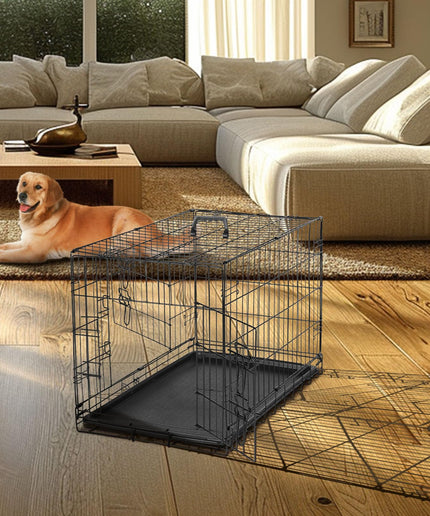 JONPONY Dog Crate, 36 Inch Medium Double Door Dog Cage with Plastic Leak-Proof Pan Tray, Folding Metal Wire Pet Kennel for Indoor, Outdoor, Travel, Black