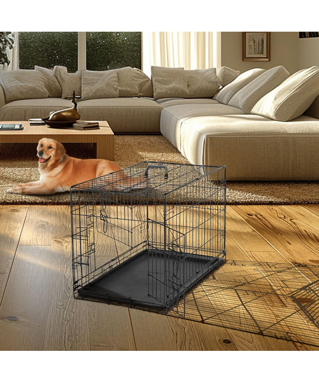 JONPONY Dog Crate, 36 Inch Medium Double Door Dog Cage with Plastic Leak-Proof Pan Tray, Folding Metal Wire Pet Kennel for Indoor, Outdoor, Travel, Black