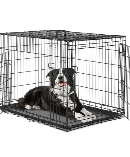 JONPONY Dog Crate, 36 Inch Medium Double Door Dog Cage with Plastic Leak-Proof Pan Tray, Folding Metal Wire Pet Kennel for Indoor, Outdoor, Travel, Black