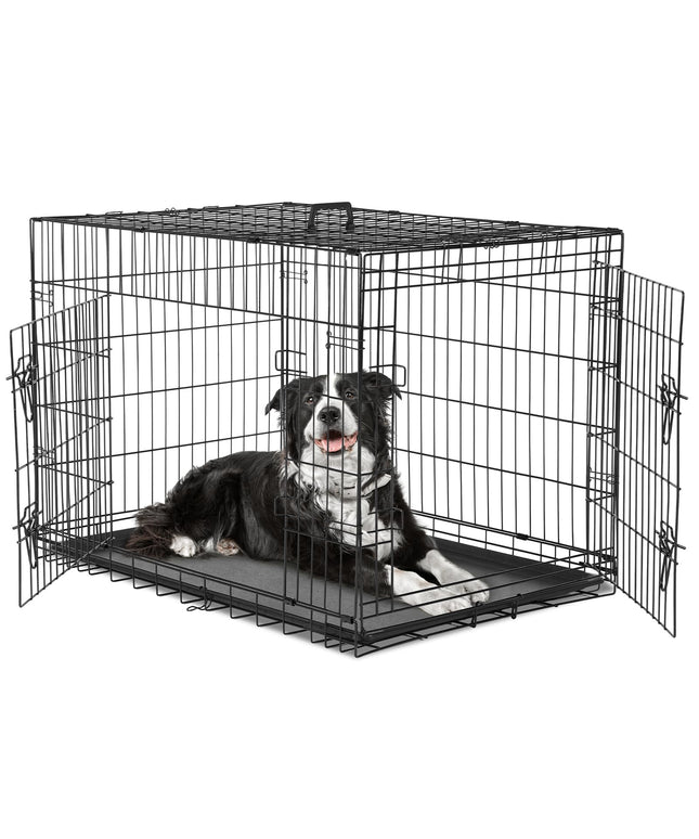 JONPONY Dog Crate, 36 Inch Medium Double Door Dog Cage with Plastic Leak-Proof Pan Tray, Folding Metal Wire Pet Kennel for Indoor, Outdoor, Travel, Black