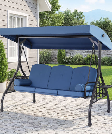 JONPONY 3-Seat Outdoor Patio Swing with Stand 800LBS, 2-in-1 Convertible Swing Bed, Adjustable Canopy Removable Cushion for Yard Garden Deck