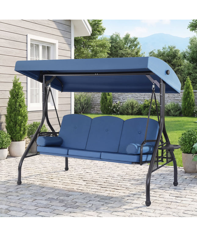 JONPONY 3-Seat Outdoor Patio Swing with Stand 800LBS, 2-in-1 Convertible Swing Bed, Adjustable Canopy Removable Cushion for Yard Garden Deck