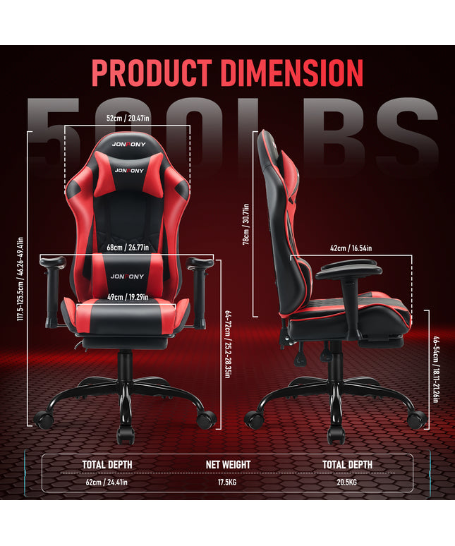 JONPONY Big and Tall 500LBS Gaming Chair, Ergonomic Design with 2D Armrests,PU Leather with Footrest and Lumbar Support, High Back Office Chair Support 8 Hours Long Sitting, Computer Chair