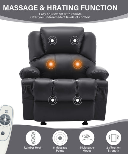 JONPONY Manual Recliner Chair with Heat Therapy and Massage Function, Heavy Duty Reclining Mechanism Massage Chair, Elderly Single Rocker Sofa with Cup Holders for Bedroom Home Theater,Black
