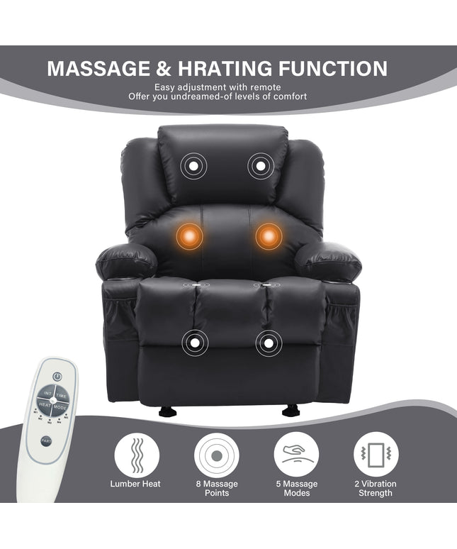 JONPONY Massage Swivel Rocker Recliner Chair with Vibration Massage and Heat Ergonomic Lounge Chair for Living Room with Rocking Function and Side Pocket, 2 Cup Holders, USB Charge Port,Black