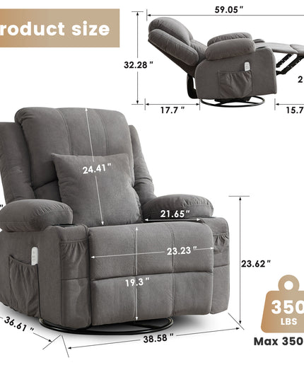 JONPONY Kneading Massage Rocker Recliner Chair with 4-Point 3D Kneading Massage and Heat Ergonomic Lounge Chair for Living Room with Rocking Function and 2 Cup Holders, USB Charge Port,Grey