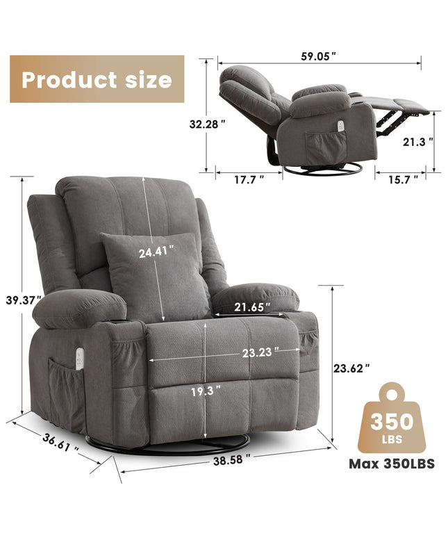 JONPONY Kneading Massage Rocker Recliner Chair with 4-Point 3D Kneading Massage and Heat Ergonomic Lounge Chair for Living Room with Rocking Function and 2 Cup Holders, USB Charge Port,Grey