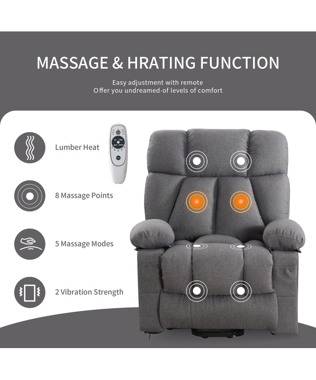 JONPONY Power Lift Recliner Chair Recliners for Elderly with Heat and Massage Recliner Chair for Living Room with Infinite Position and Side Pocket,USB Charge Port,Grey