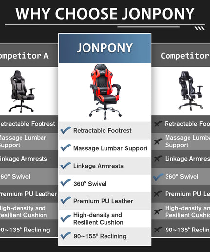 JONPONY Big and Tall 400LBS Gaming Chair, Ergonomic Design, Gamer Chair PU Leather with Footrest and Lumbar Support, High Back Office Chair Support 8 Hours Long Sitting, Computer Chair,Red