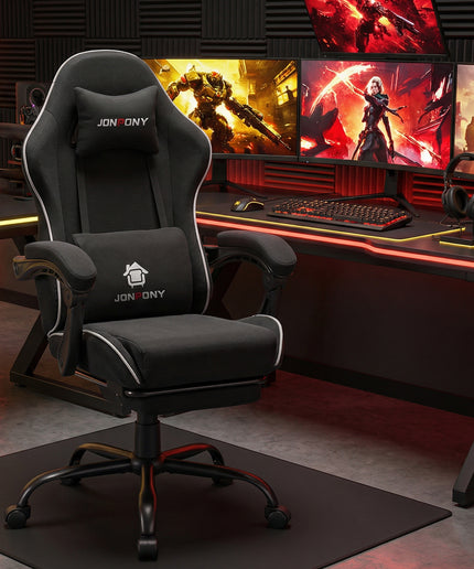 JONPONY Gaming Chair,400LBS Fabric Gamer Chair with footrest for Adults, High Back Ergonomic Computer Game Chair with Adjustable Headrest and Lumbar Support,Black