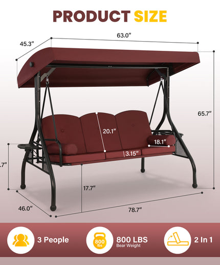 JONPONY 3-Seat Outdoor Patio Swing with Stand 800LBS, 2-in-1 Convertible Swing Bed, Adjustable Canopy Removable Cushion for Yard Garden Deck